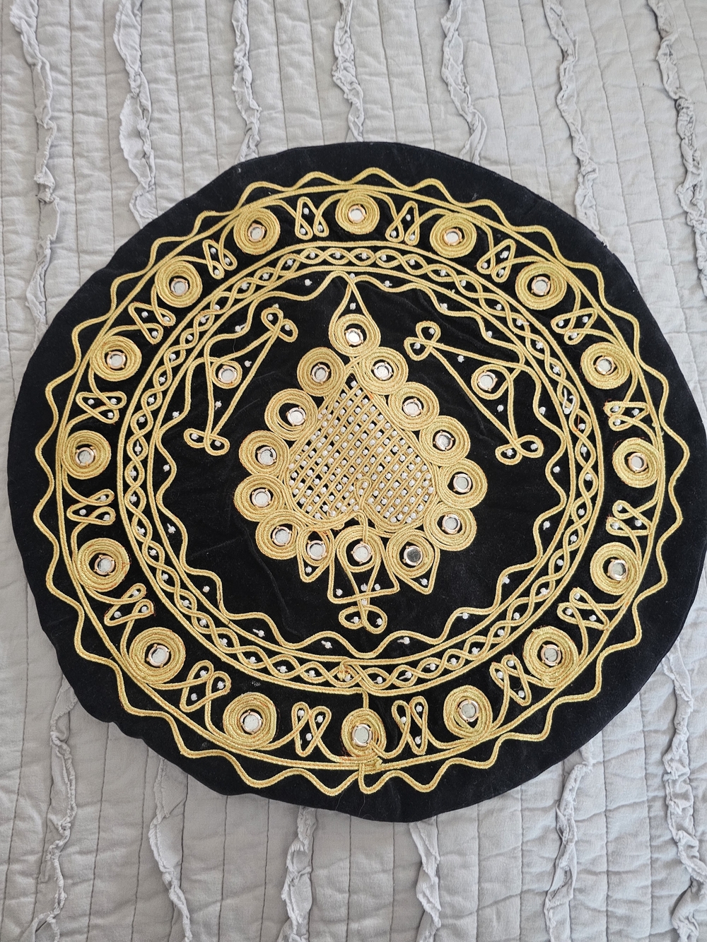 Black Round Decorative Pillow with Gold Embroidery